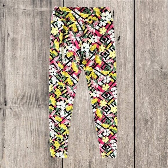 LuLaRoe Leggings Women OS Black White Pink Yellow Floral Poppies Trellis Lattice - Picture 2 of 10
